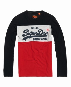 Superdry Vintage Logo Panel Hosszú Ujjú Férfi Pólók Sötétkék/Piros | DVKNW2506